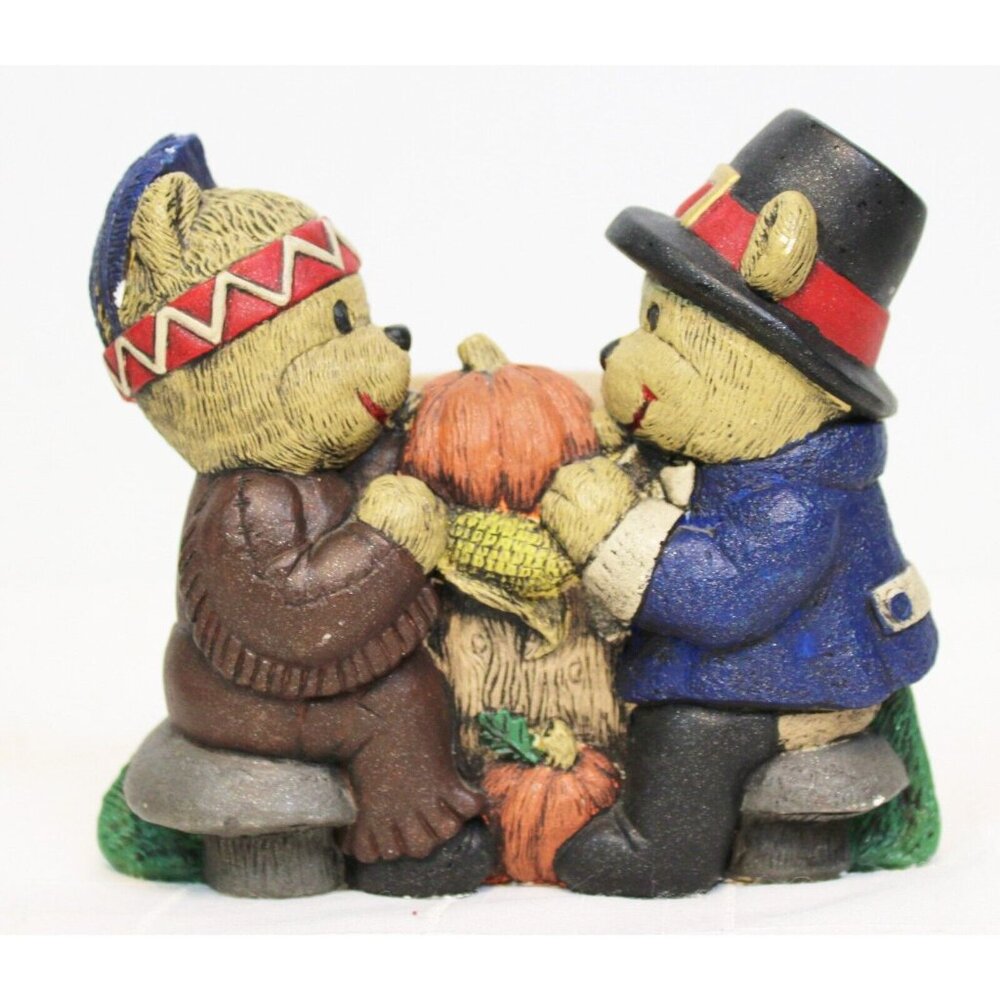 VTG 1996 Thanksgiving Ceramic Napkin Holder Pilgrim Indian Teddy Bears Pumpkin